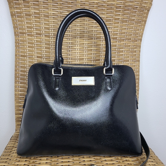 DKNY Bag Satchel Tote Shoulder Strap Handles Shiny Leather Black Gold Hardware - Picture 2 of 16